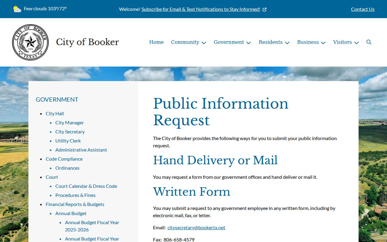 Booker public information request instructions for Booker records