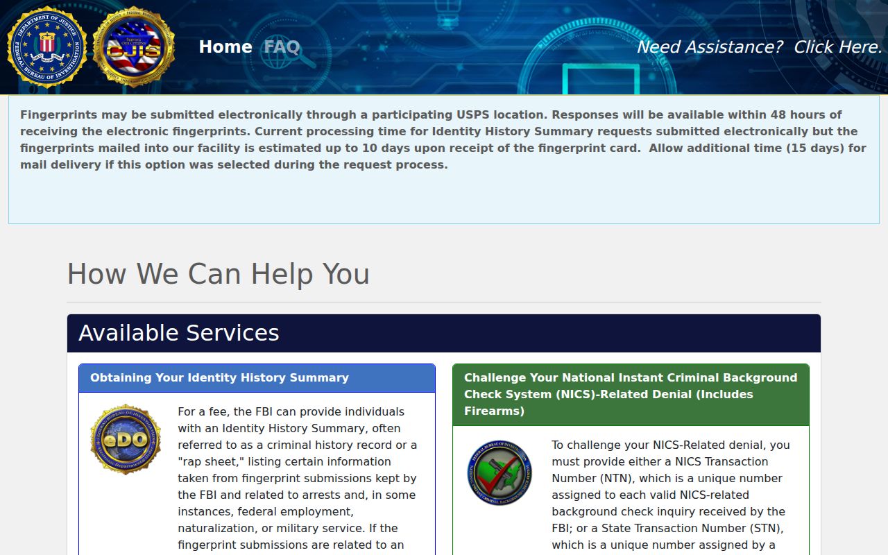 FBI electronic identity history request for a Follett criminal record self-review