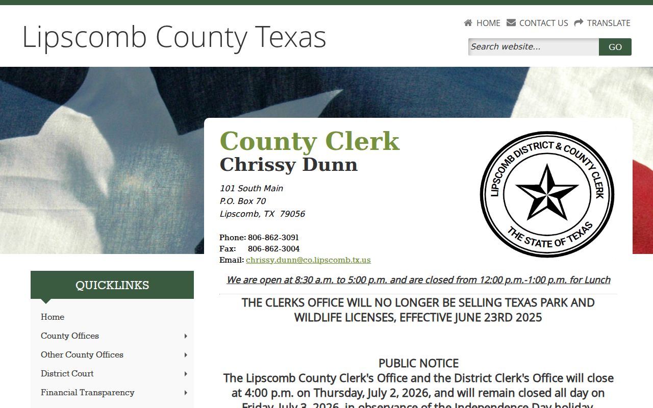 Lipscomb County criminal records clerk contact page