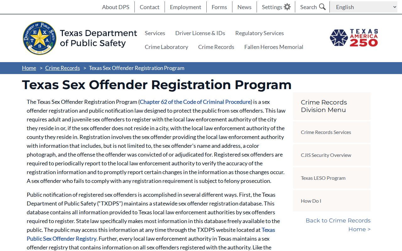 Texas DPS registration program information for Lipscomb County sex offender records